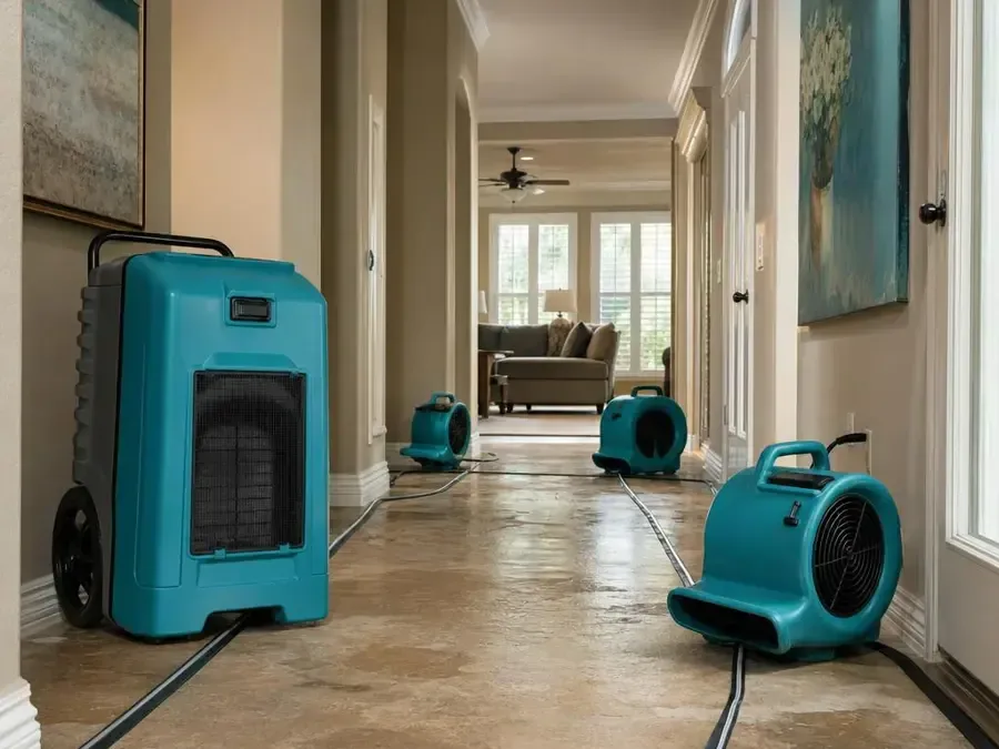 Dehumidifier and air movers arranged along a hallway
