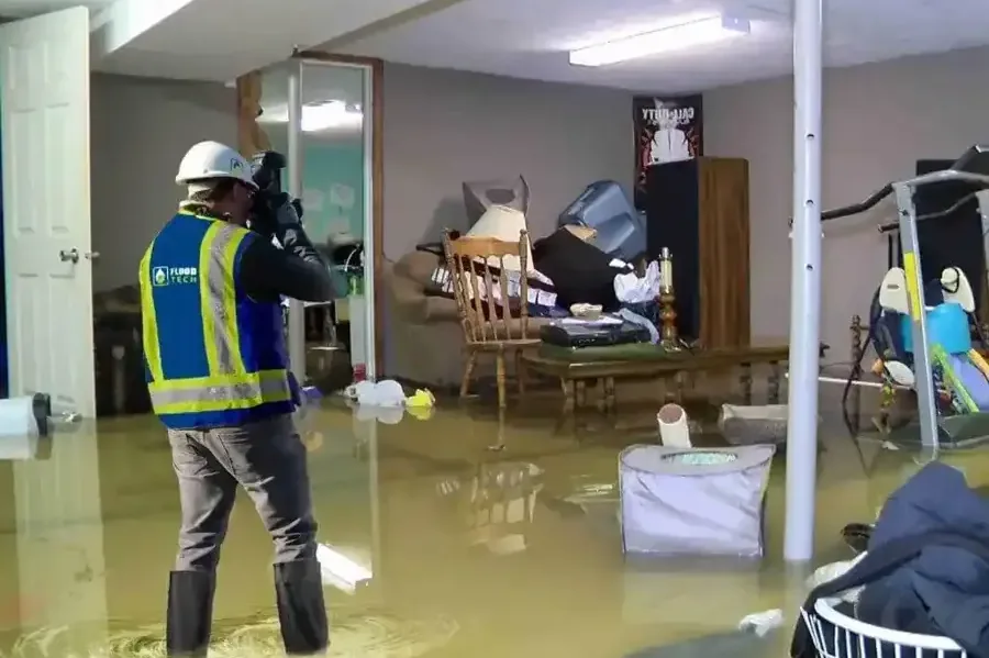 Cleanup workers assessing a flooded interior