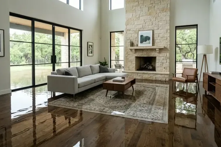 Standing water across a furnished living room floor