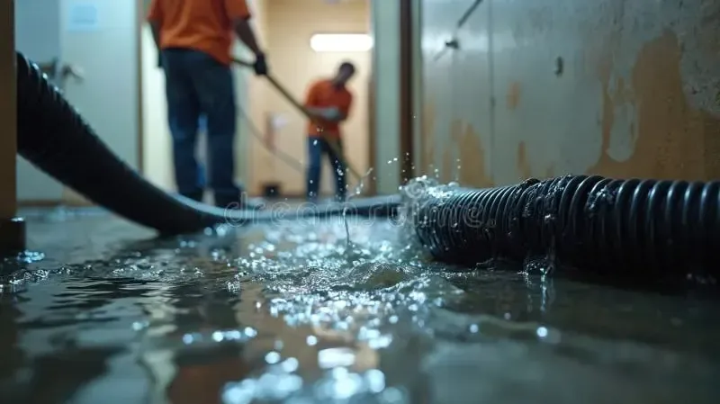 Suction hoses recovering standing water from a hallway