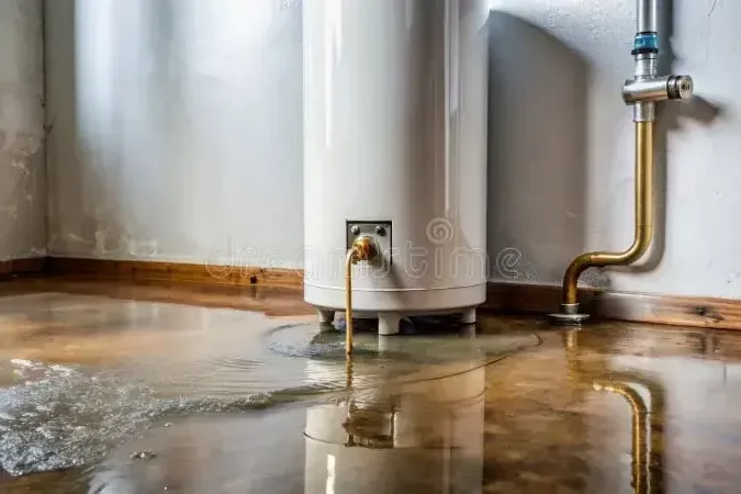 Water pooling on a floor beneath a leaking tank water heater