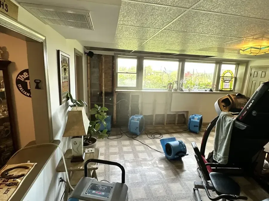 Air movers and dehumidifiers arranged in a bright room