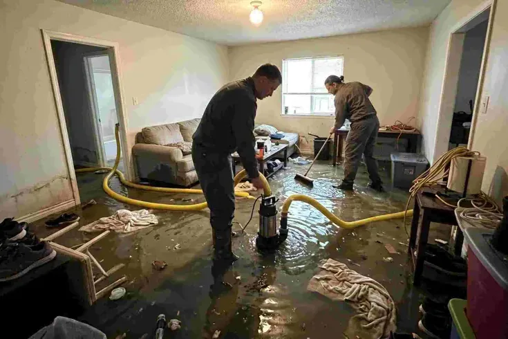 Two technicians extracting floodwater from a furnished living room