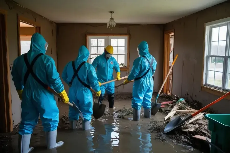 Protective-clothed workers removing debris from a flooded room
