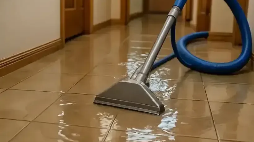 Extraction wand and hose removing water from a tiled floor