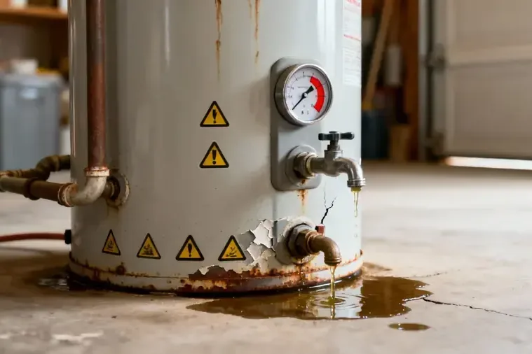Leaking water heater with corrosion near its base