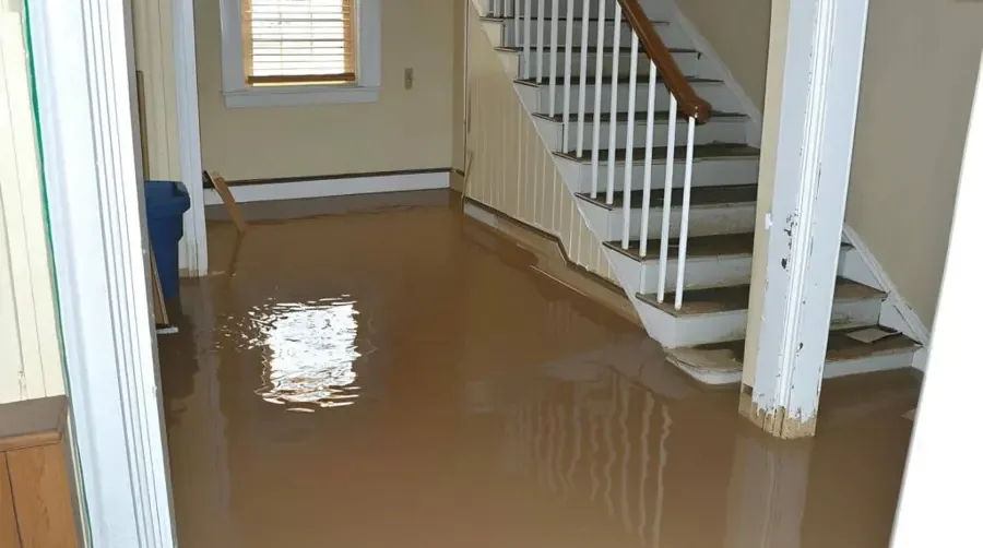 Muddy standing water across a hallway floor at the foot of an indoor staircase