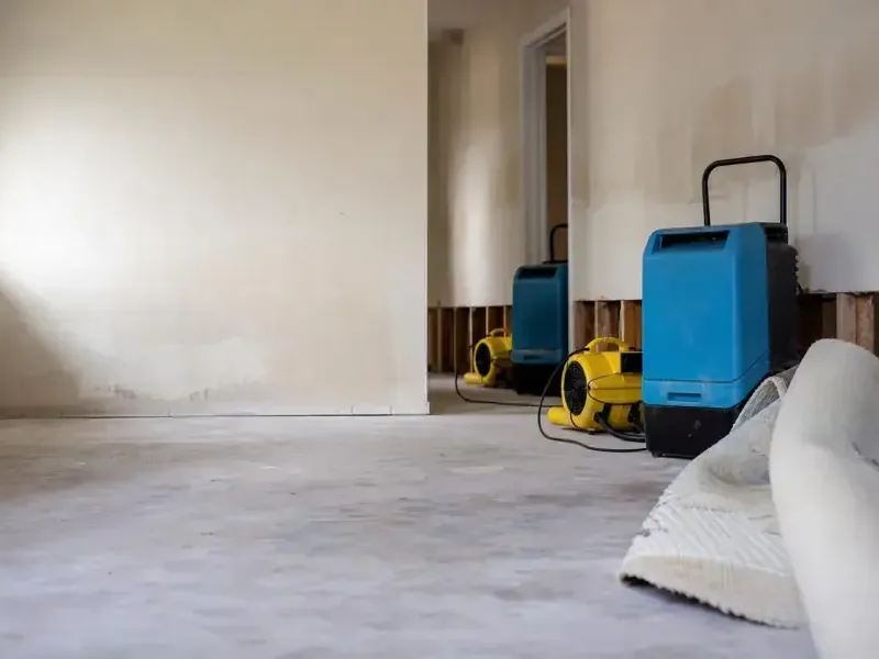 Dehumidifier and air movers positioned in a cleared room