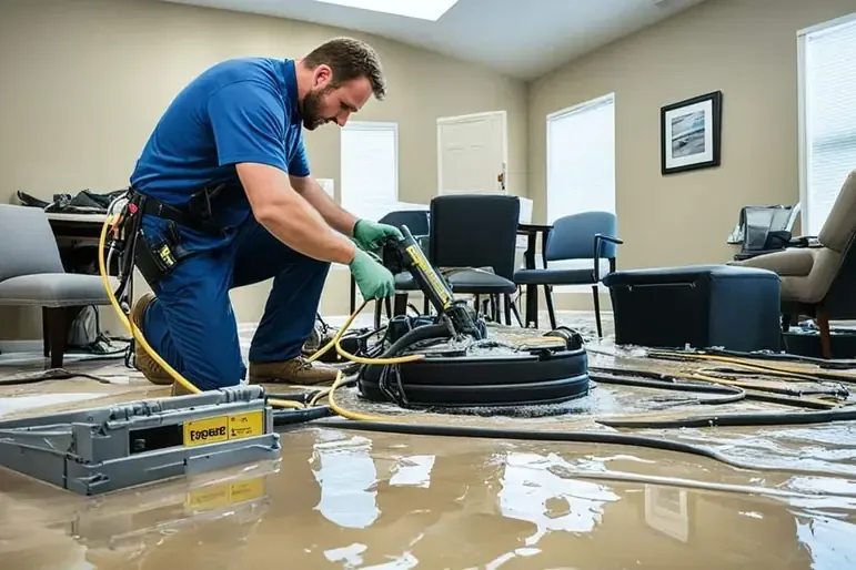Technician recovering water from an office floor