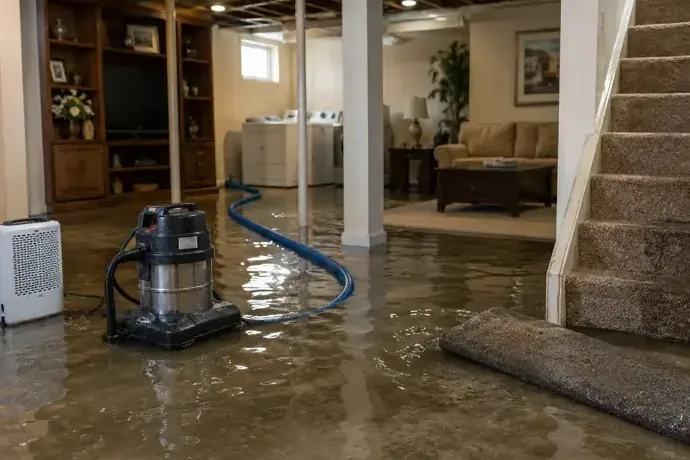 Standing water in a finished basement beside a wet vacuum and rolled carpet