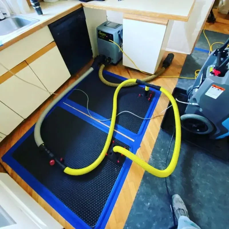 A drying mat rests on a kitchen wood floor with a connected extraction hose
