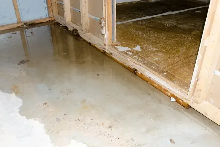 Water on an unfinished floor below opened wall framing