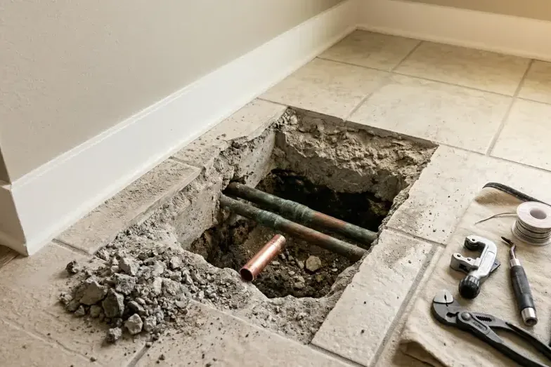 Copper pipe exposed through a rectangular cut in floor tiles