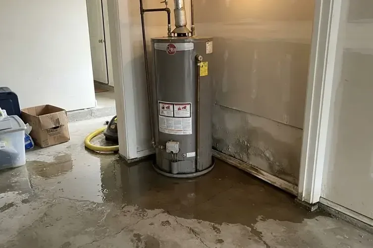 Water surrounding a tank heater in a utility room