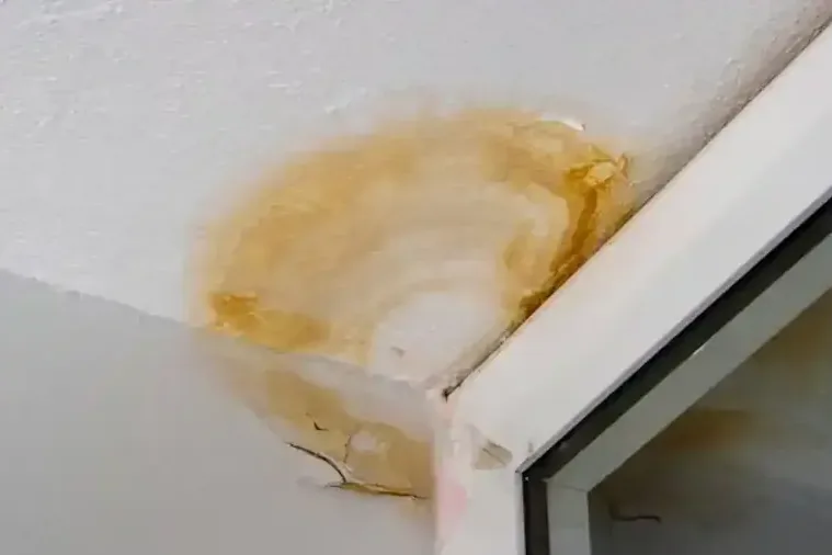Yellow moisture stain extending across the corner of a ceiling