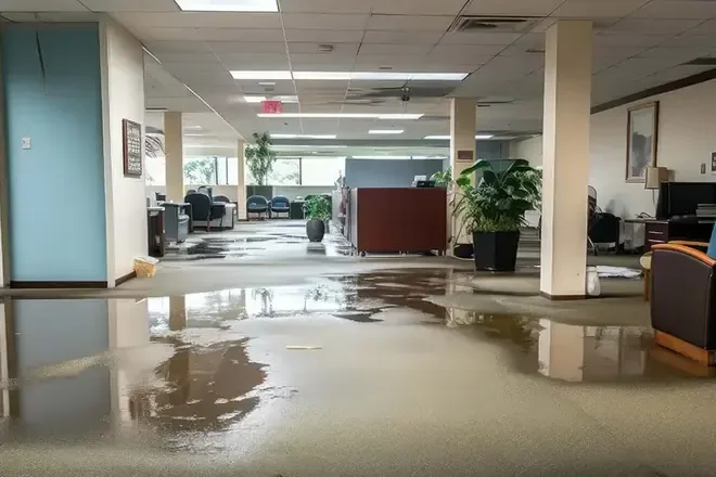 Standing water covering carpet across an office interior