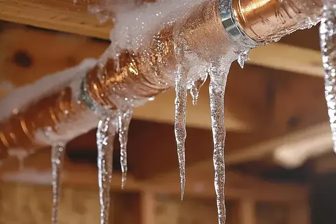 Icicles hanging from an exposed copper pipe inside a framed space