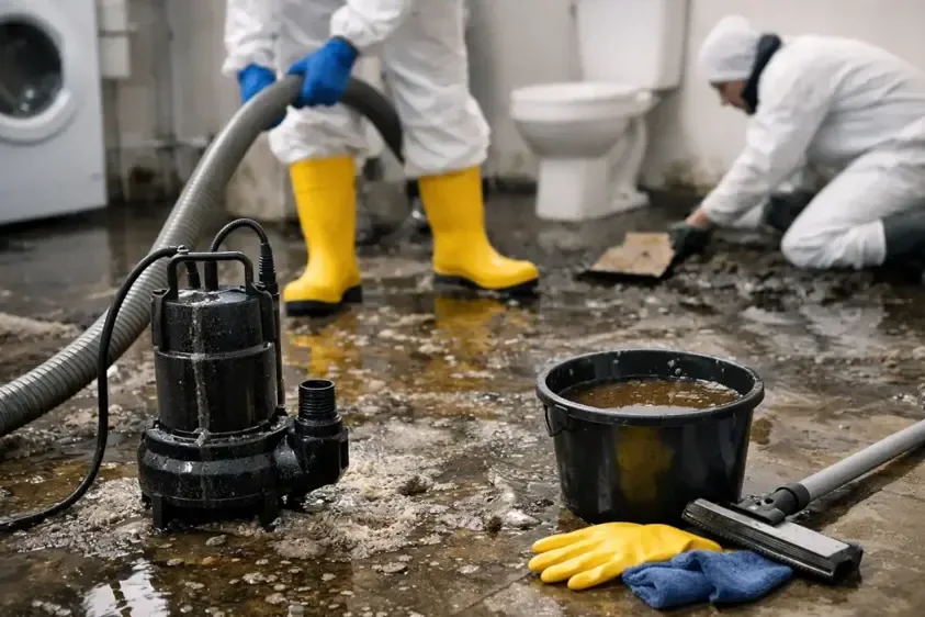 Protective-clothed workers cleaning contaminated water around bathroom fixtures