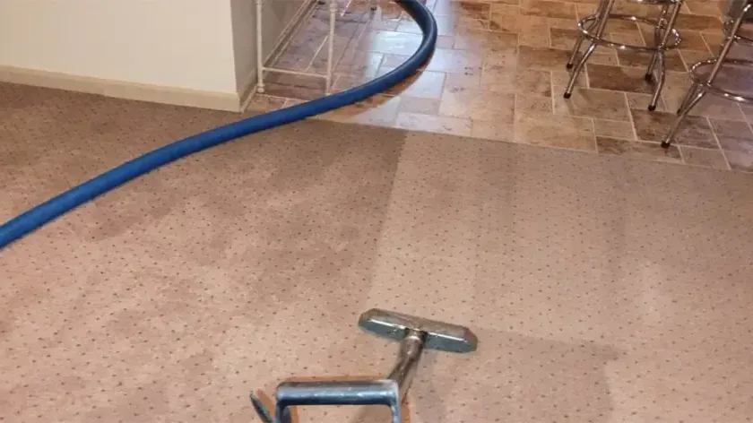 Extraction wand and hose recovering water from saturated indoor carpet