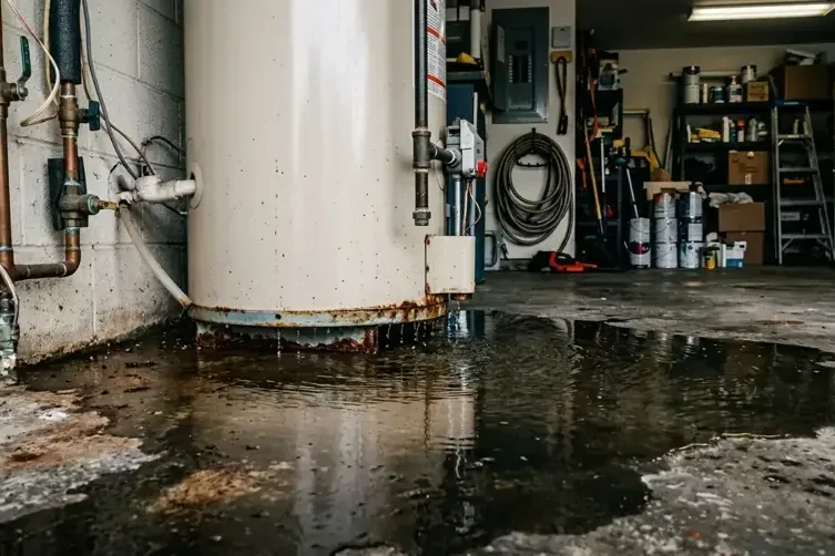 Standing water around a tank water heater on a utility-room floor