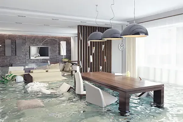 Floodwater surrounding a dining table and kitchen island