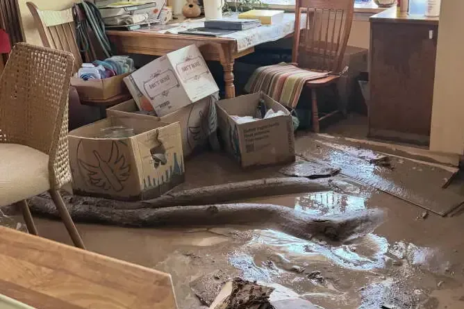 Wet boxes and belongings on a mud-covered floor
