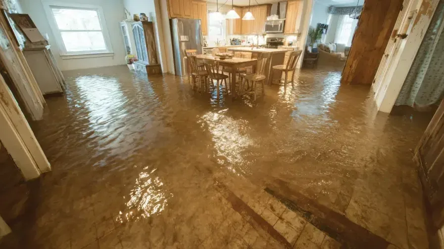 Muddy water across a kitchen and dining area before extraction